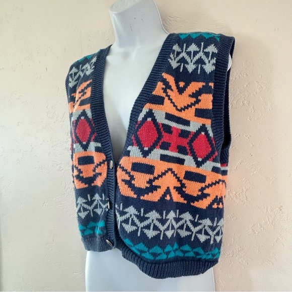 NUOVO Vintage 90's Western Aztec Southwest Sweater Vest Cardigan Size M Ramie - Picture 5 of 8